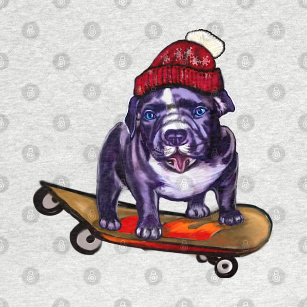 pit bull dog puppy skateboarding in a red beanie hat - cute funny blue line pittie with piercing blue eyes by Artonmytee